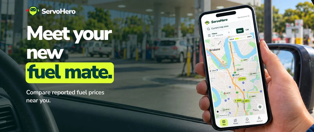 ServoHero brand visual: the mascot logo and “Meet your new fuel mate” message beside a hand holding the fuel-price app, with a petrol station in the background.